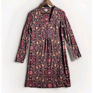 J Jill Red Black Floral Dress Women Small Long Sleeve Knee Length Soft Knit